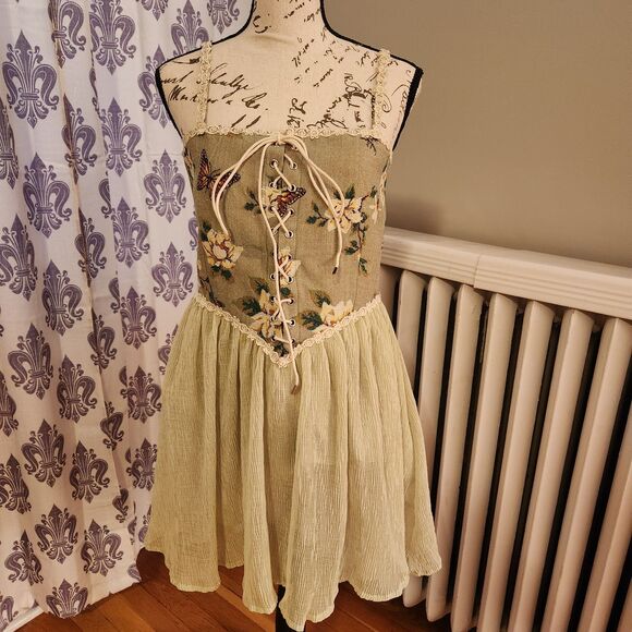 Cider Green Floral Tapestry Butterfly Corset Dress, Flowy Skirt, Fairycore Sz L - Picture 2 of 13